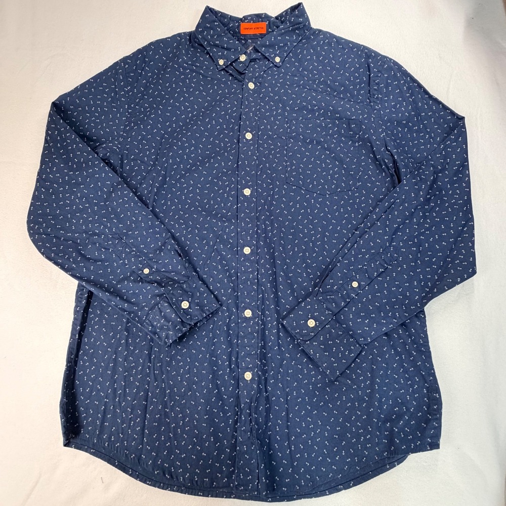 St. John's Bay Mens Button Down Shirt L Blue Anchor Print Comfort Stretch Slv